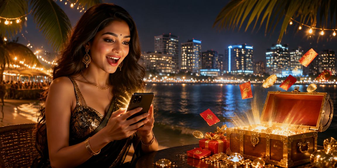Indian beach scene with red envelopes symbolizing festive bonuses