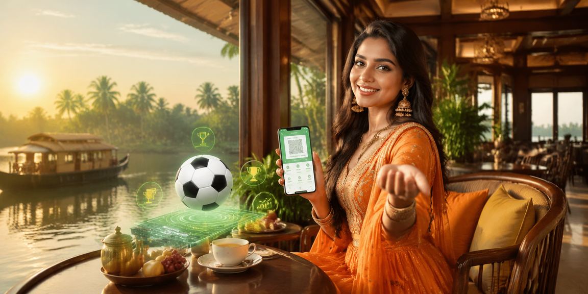Indian user enjoying sports betting by Kerala backwaters